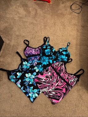 Mixed Floral & Swirl Tankini Tops and 2 bottoms - Black with Teal & Pink Accents